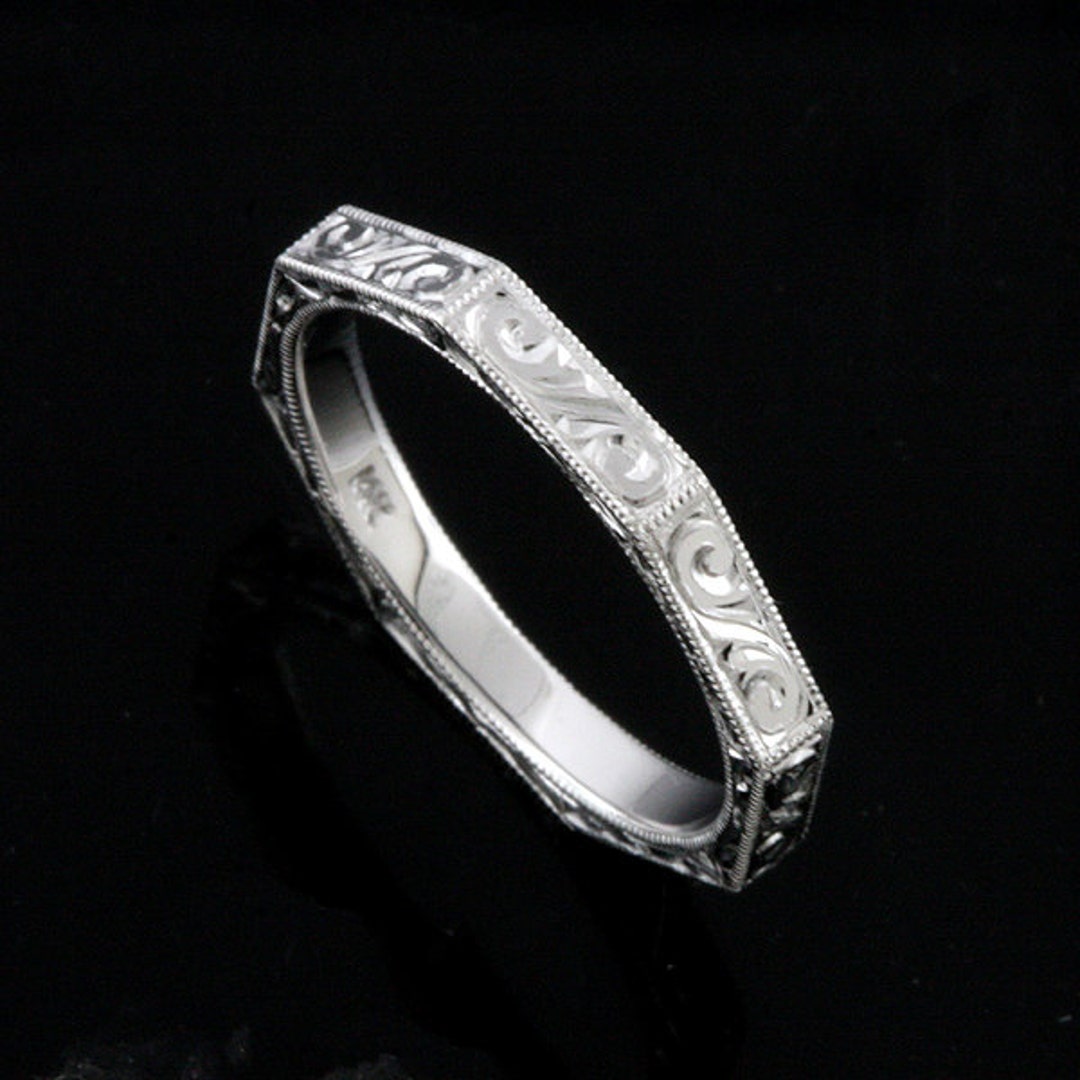 Octagon Engraved Wedding Band, Eternity Hand Engraved Wedding Ring, Art ...