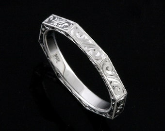 Octagon Engraved Wedding Band, Eternity Hand Engraved Wedding Ring, Art Deco Sculpted Band, No Nickel 14K Gold Platinum Palladium Ring 2.5mm