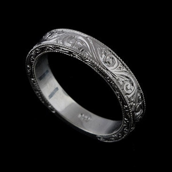 Engraved Men's Wedding Ring, Art Deco Scroll Style Wedding Band, Hand Milgrain Men's Silver Ring, New Vintage 4.5mm Flat Men's Wedding Ring