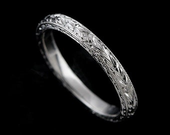 Art Deco Style Rounded Top Wedding Band, Engraved Women's Band, Milgrain Wedding Ring, Straight Wedding Band, Antique Style Silver Band