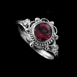 Victorian Engagement Ring, Round Pink Tourmaline Ring, Filigree Diamond Ring, Bezel Set Anniversary Ring, 14K White Gold Twisted Design Ring image 1