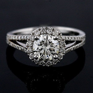 Halo Diamond Ring, Split Shank Engagement Ring, Micro Pave Diamond Ring, Half Way Diamond Ring, Gold Platinum Ring Setting For Round Stone image 4