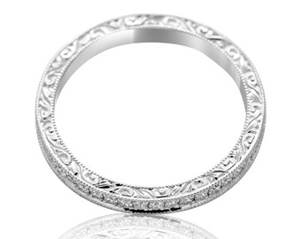 Edwardian Diamond Wedding Band, Women's Wedding Band, Hand Engraved Wedding Ring, Antique Replica Women's Band, 14K Gold Platinum Band 2.1mm