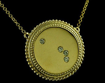 Diamond Aries Zodiac Necklace Star Constellation Disc, Vintage Style Zodiac Disc Pendant, Yellow Gold Aries Zodiac, Astrology Necklace