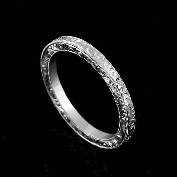 Art Deco Hand Engraved Eternity Ring, Vintage Inspired Carved Wedding Band, Gold, Platinum