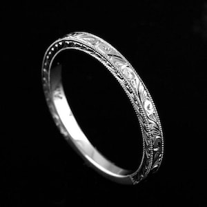 Engraved Sculpted Wedding Band, Flat Straight Wedding Ring, Antique Style Women's Wedding Band, 14K Gold Nickel Free Platinum 1.8mm Wide