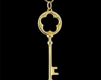 3D Key Necklace, Yellow Gold Key Pendant, Key Jewelry Necklace, Cable Chain With Lobster Clasp, Solid Gold Key Necklace