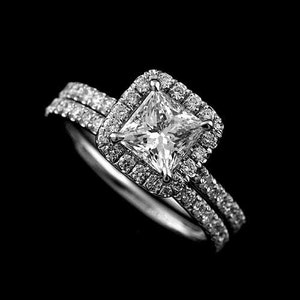 Cut Down Micro Pave Set Diamond Halo Engagement Ring Princess Cut Setting And Matching Wedding Band Set image 1