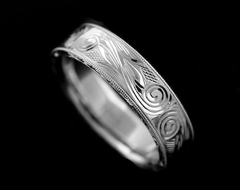Art Deco Men's Band, Hand Engraved Men's Wedding Ring, Silver Comfort Fit Wedding Ring, Men's Flat 6mm Ring, Scroll Swirl Men's Wedding Band