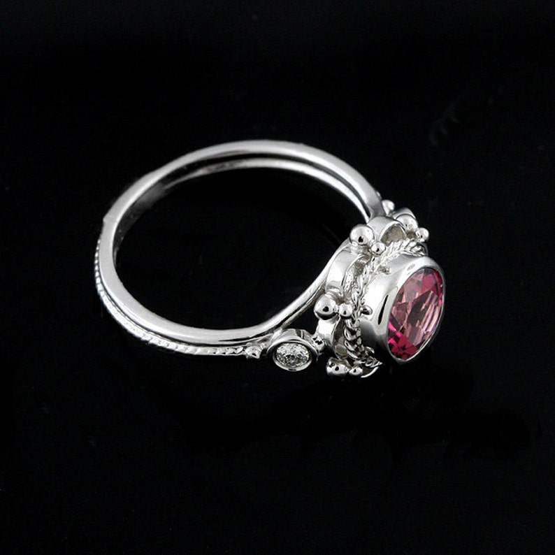 Victorian Engagement Ring, Round Pink Tourmaline Ring, Filigree Diamond Ring, Bezel Set Anniversary Ring, 14K White Gold Twisted Design Ring image 4