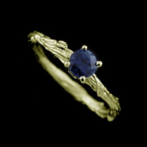 Nature Inspired Engagement Ring, Round Blue Sapphire Ring, Tree Branch Engagement Ring, Leaf Motif Solitaire Ring, 14K Gold Organic Ring image 4