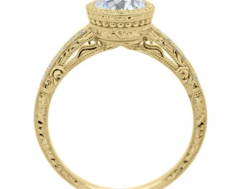 Vintage Old European Diamond Moissanite Engagement Ring, Antique Hand Engraved Cathedral Promise Ring, 14K Yellow Gold Vintage Ring