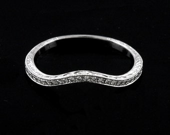 Platinum Vintage Curved Band With Diamonds, Hand Engraved, Made in US, Ring Guard, Ring Enhancer,