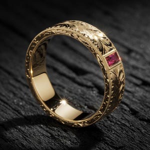 May include: A gold ring with intricate floral engravings and a rectangular ruby gemstone. The ring's band is detailed with delicate patterns, and the ruby adds a pop of color. The ring is displayed on a dark, textured surface.