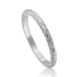 Silver Engraved Ring, Art Deco Wedding Ring, Straight Silver Wedding Band, Stackable Wedding Ring, 1.6mm Silver Women&#39;s Band