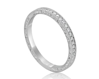 Art Deco Diamond Band, Hand Engraved Pave Wedding Ring, 1.8mm Diamond Band B2077WPP