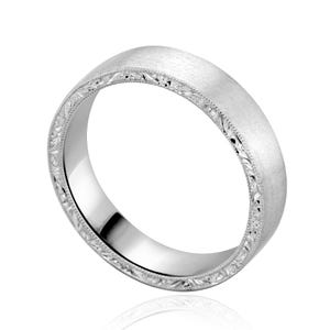 Art Deco Hand Engraved Men’s Wedding Band – Satin Finish Eternity Flat Silver Ring with Milgrain Edges, Vintage Style 5–8mm