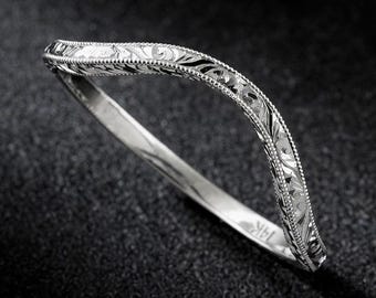Deep Curved Engraved Ring, Vintage Ring Enhancer, Contour Wedding Band, Carved Thin Band, Silver, Gold, Platinum, Made in USA