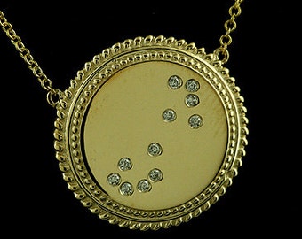 Diamond Scorpio Zodiac Necklace, Star Constellation Disc, Vintage Style Zodiac Disc Pendant, Yellow Gold Scorpio Zodiac, Astrology Necklace