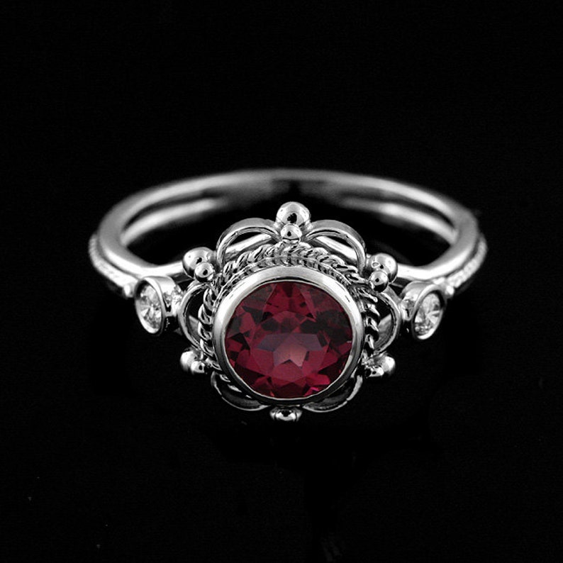 Victorian Engagement Ring, Round Pink Tourmaline Ring, Filigree Diamond Ring, Bezel Set Anniversary Ring, 14K White Gold Twisted Design Ring image 2