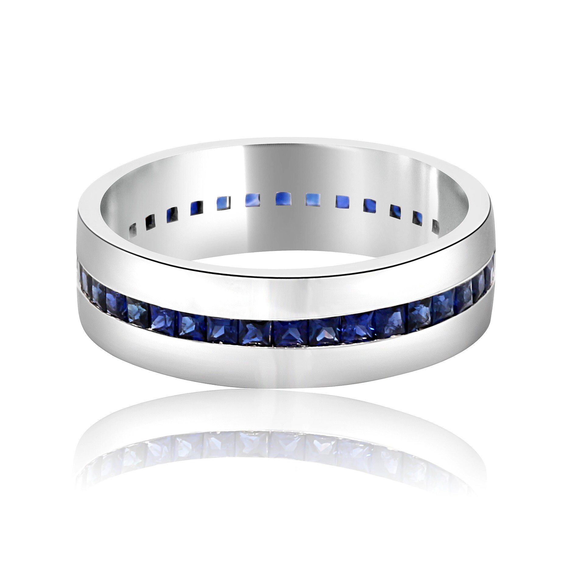 Men's Sterling Silver Channel Set Wedding Band With Lab Created Blue Sapphire | Size 12 - View #7