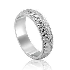 Hand Engraved Men’s Wedding Band – Replica Art Deco Wheat Carved Eternity Silver Ring, Hand Sculpted Men’s Ring