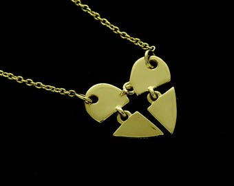 Broken Heart Necklace, Gold Charm Heart, Love Sign Fragmented Heart Pendant, Yellow Gold Petite Heart Charm Necklace, Heart With Chain
