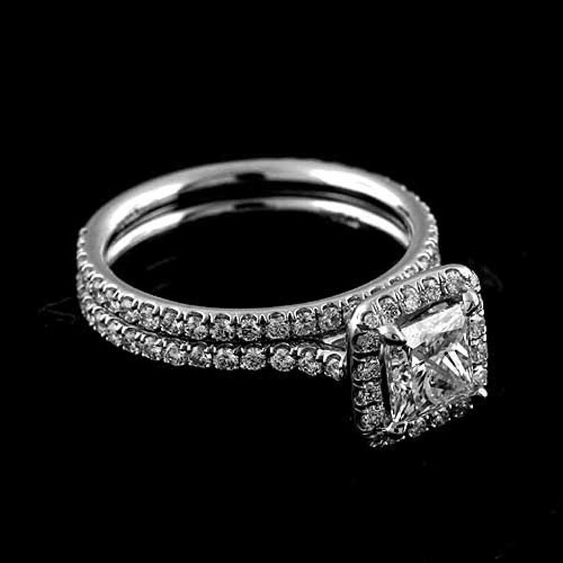 Cut Down Micro Pave Set Diamond Halo Engagement Ring Princess Cut Setting And Matching Wedding Band Set image 2