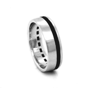 Black Diamond Men’s Wedding Band – 14K White Gold Matte Finish Ring, Channel Set Baguette Eternity Band, Unique Groom’s Ring