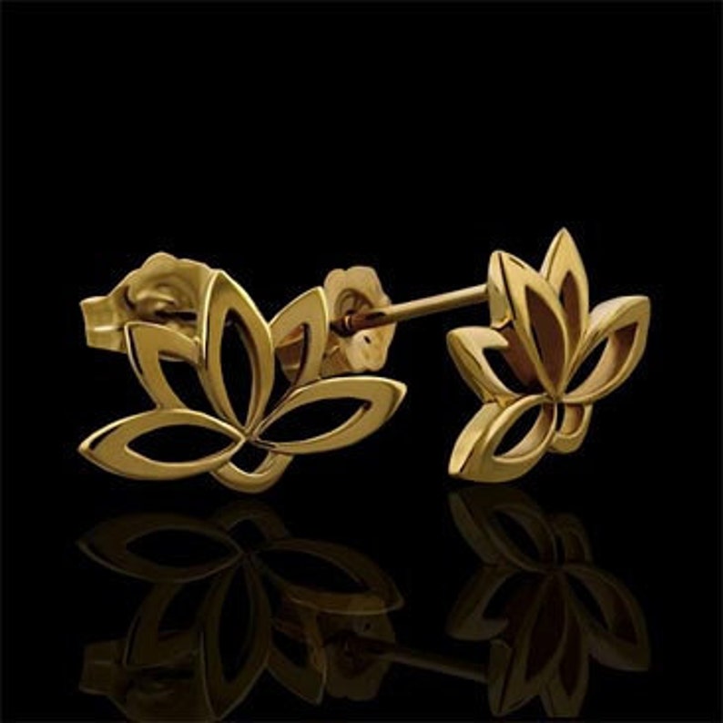 Lotus Flower Earrings, Yellow Gold Lotus Studs Earrings, Sacred Lotus Posts Earrings, Buddhist Symbol Earrings, Floral Post And Push Back image 2