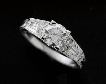 Moissanite Engagement Ring, Hand Engraved Milgrain Ring, Baguette Diamond Ring, 7mm Forever One Moissanite Ring, Gold Platinum Antique Ring