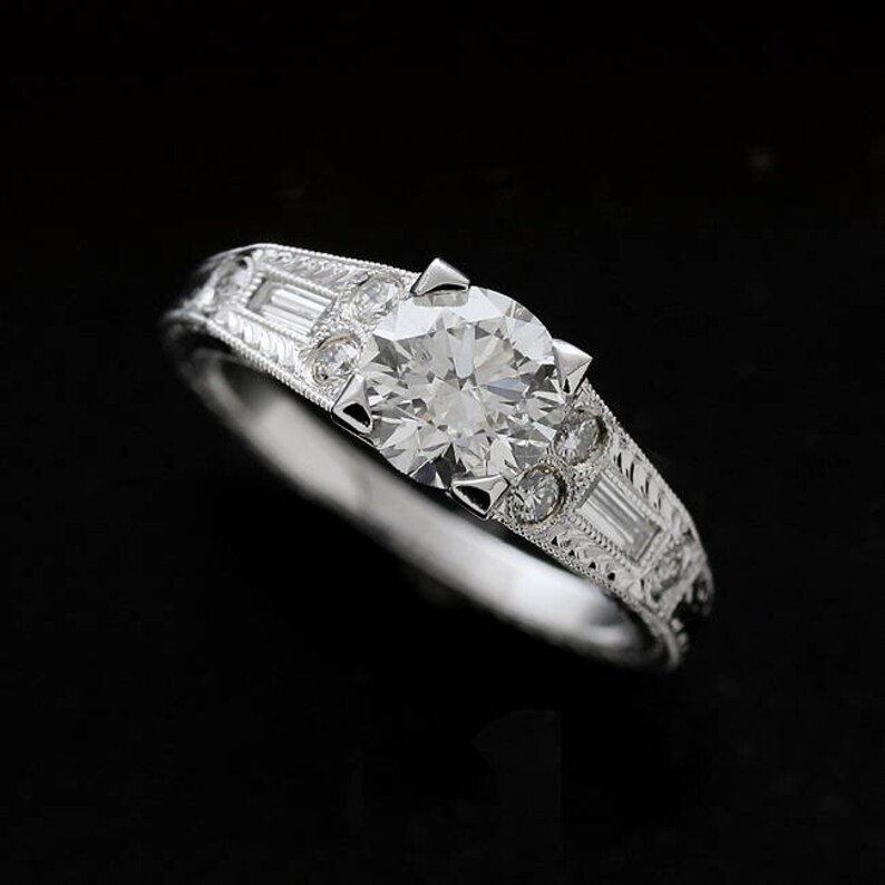 Moissanite Engagement Ring Hand Engraved Milgrain Ring Etsy