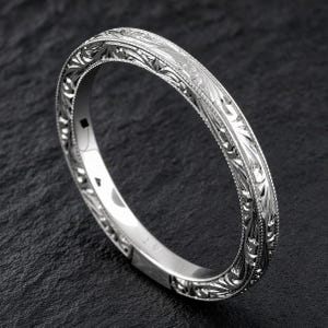 Engraved Wedding Ring, Art Deco Wedding Band, Scroll Milgrain Flat Wedding Ring,Straight Women's Wedding Ring, Gold Nickel Free Platinum 2mm