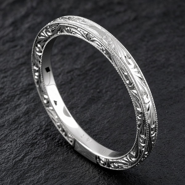 Engraved Wedding Ring, Art Deco Wedding Band, Scroll Milgrain Flat Wedding Ring,Straight Women's Wedding Ring, Gold Nickel Free Platinum 2mm