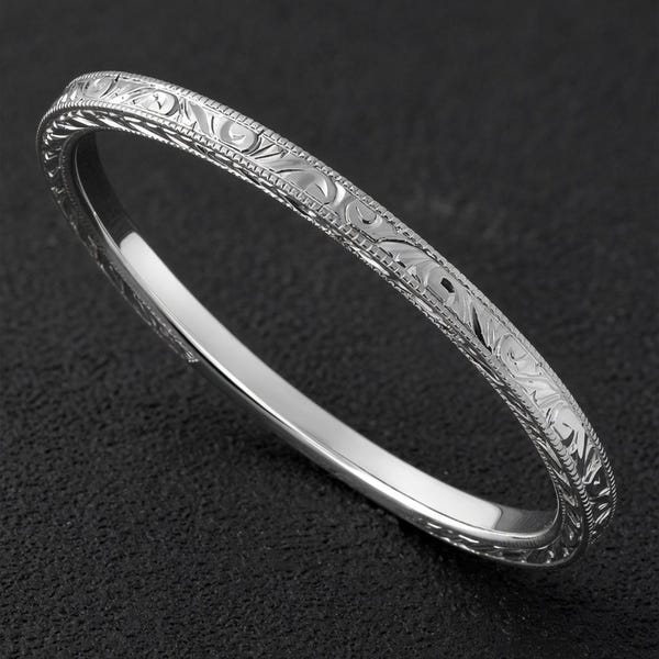 Engraved 14K White Gold Wedding Band, Dainty Stackable Ring