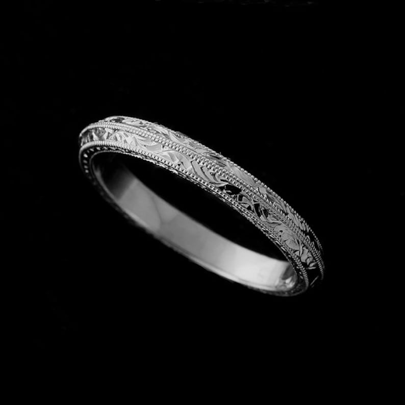 Knife Edge Women's Weeding Ring, Double Milgrain Wedding Band, Scroll Hand Engraved Band, Gold Platinum Palladium Band 2.5mm, Straight Band image 4