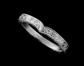 V Pointed Wedding Ring, Engraved Wedding Ring, Vintage Style Wedding Ring, Curved Gold Platinum  2.4mm Band, Women's Contour Wedding Ring