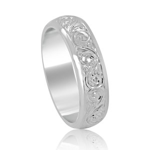 Vintage Domed Scroll Engraved Men’s Wedding Ring – Hand Engraved Gold, Platinum or Palladium Band, High Polish Borders