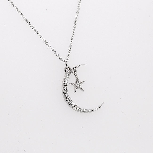 Star Necklace White Gold Crescent Moon 