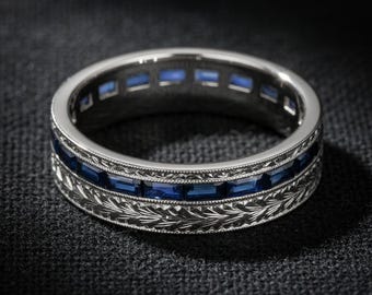 Vintage Sapphire Men's Wedding Ring - 6mm Hand Engraved 14K Gold Band - Channel Set Baguette Blue Sapphires - Antique Wheat Design - NYC