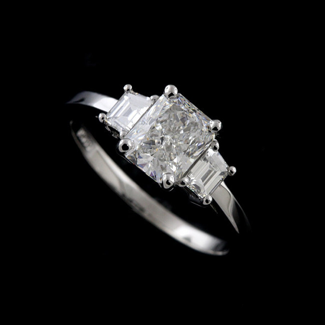 Three Stone Ring, Radiant Cut Engagement Ring, Trapezoid Side Stone