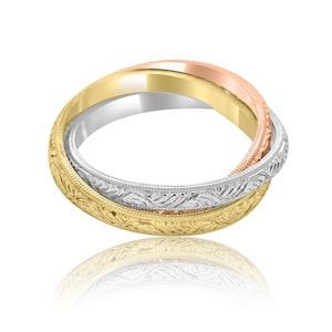 Tri-Color Rolling Rings, Trinity Band, Interlocking Three Gold Bands, Hand Engraved Intertwined Bands 2.3mm, 14k Rose White And Yellow Gold