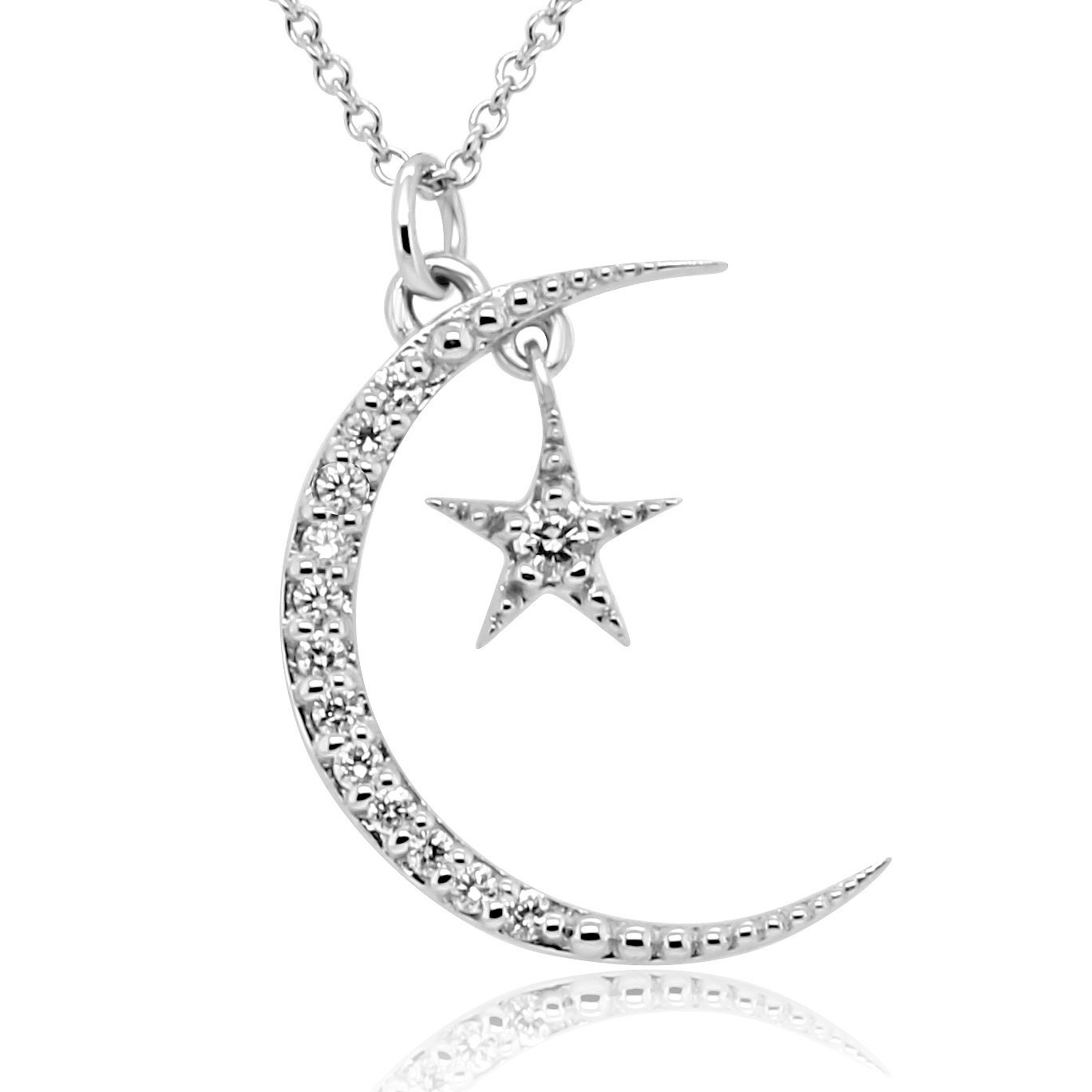 Diamond Moon and Star Necklace, White Gold Crescent Moon Diamond Moon and Star Necklace, White Gold Crescent Moon
