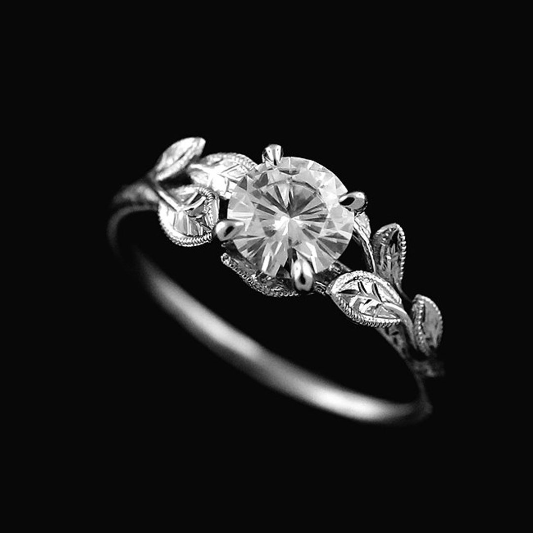 Leaf Engagement Ring, 6mm Forever One Moissanite Ring, Nature Inspired