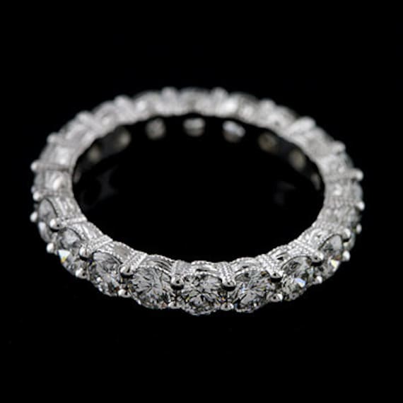 Over 2ct Diamond Wedding Ring, Eternity Band, Shared Prong Platinum Band, Hand Engraved Wedding Band, Vintage Style Wedding Ring 3.2mm Wide