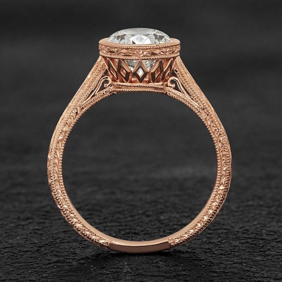 Art Deco Oval Lab Diamond Ring • Hand Engraved 14k Gold Bezel