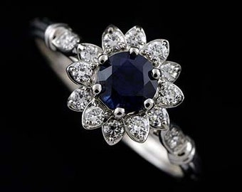 Blumen Verlobungsring, Blauer Saphir Diamant Ring, Floral Halo Verlobungsring, Jugendstil Ring, Gold Platin Blüte Blütenblatt Motiv Ring