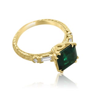 Lab Green Emerald Engagement Ring, Diamond Baguettes Yellow Gold Ring, Radiant Green Emerald Ring, Yellow Gold Engraved Diamond Ring