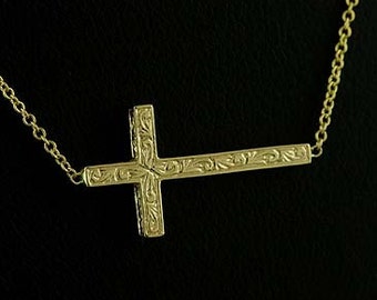 Sideways Engraved Cross Necklace, Religious Symbol Cross Pendant, Off Side Crafted Cross, Christianity Symbol Necklace, Lobster Clasp Chain