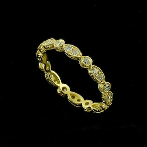 Art Deco Wedding Band, Bezel Diamond Wedding Band, Eternity Band, Hand Engraved Wedding Ring, Antique Style Milgrain Band Yellow Gold 2.6mm